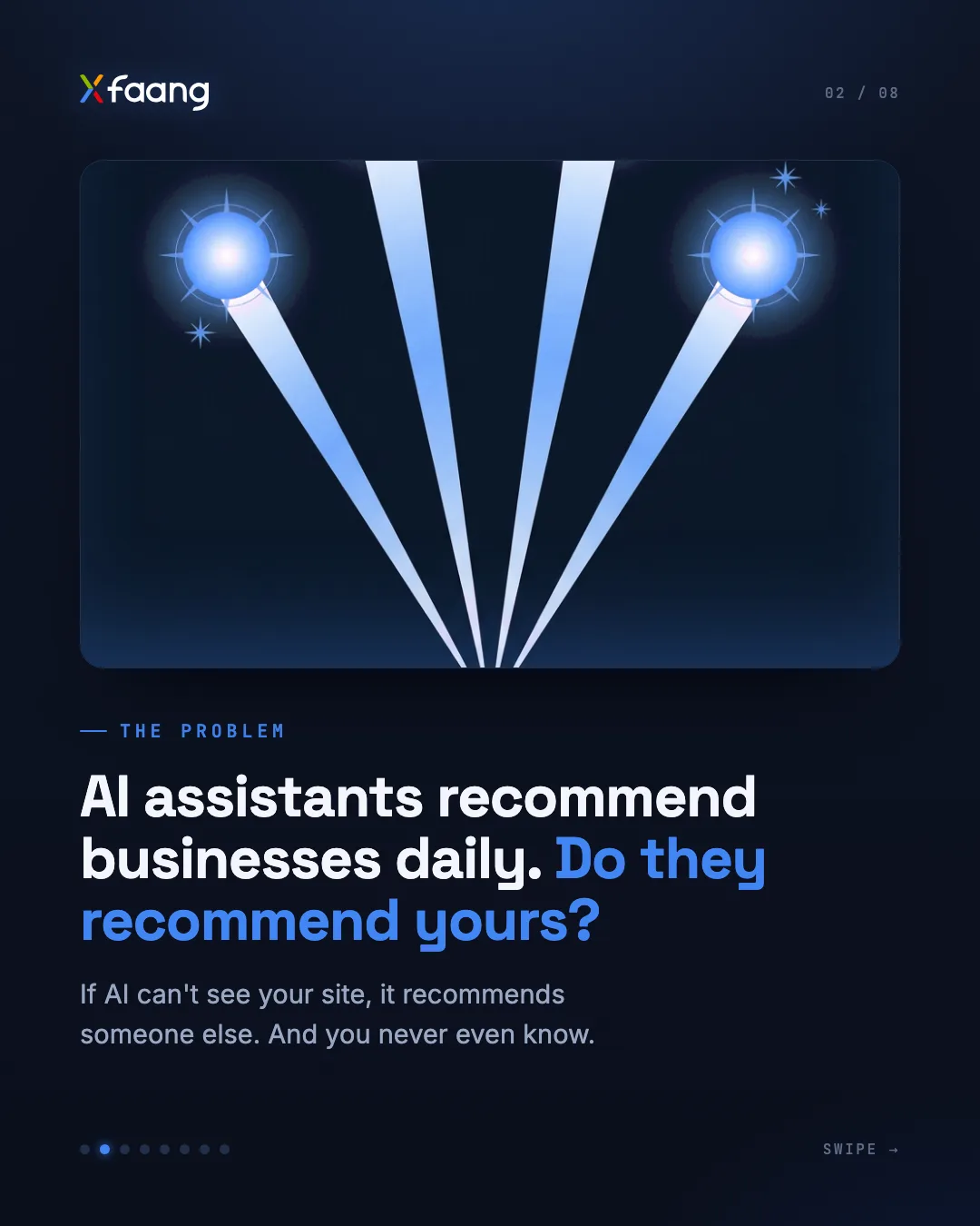 Slide 2 of 8: AI assistants recommend businesses daily. Do they recommend yours? If AI can't see your site, it recommends someone else. And you never even know.