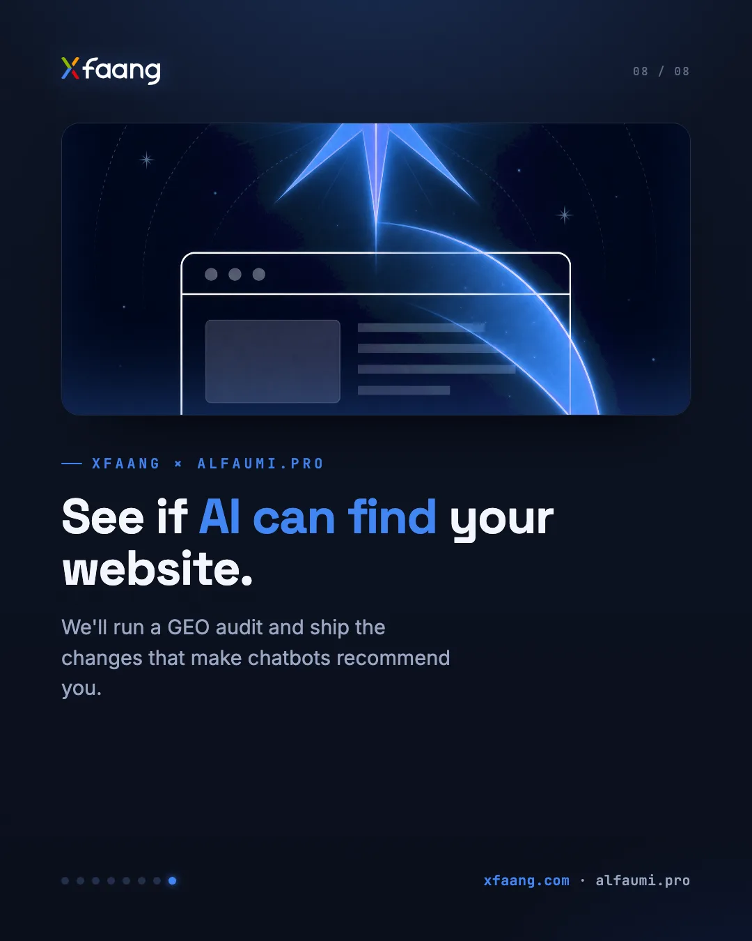 Slide 8 of 8: See if AI can find your website. We'll run a GEO audit and ship the changes that make chatbots recommend you.